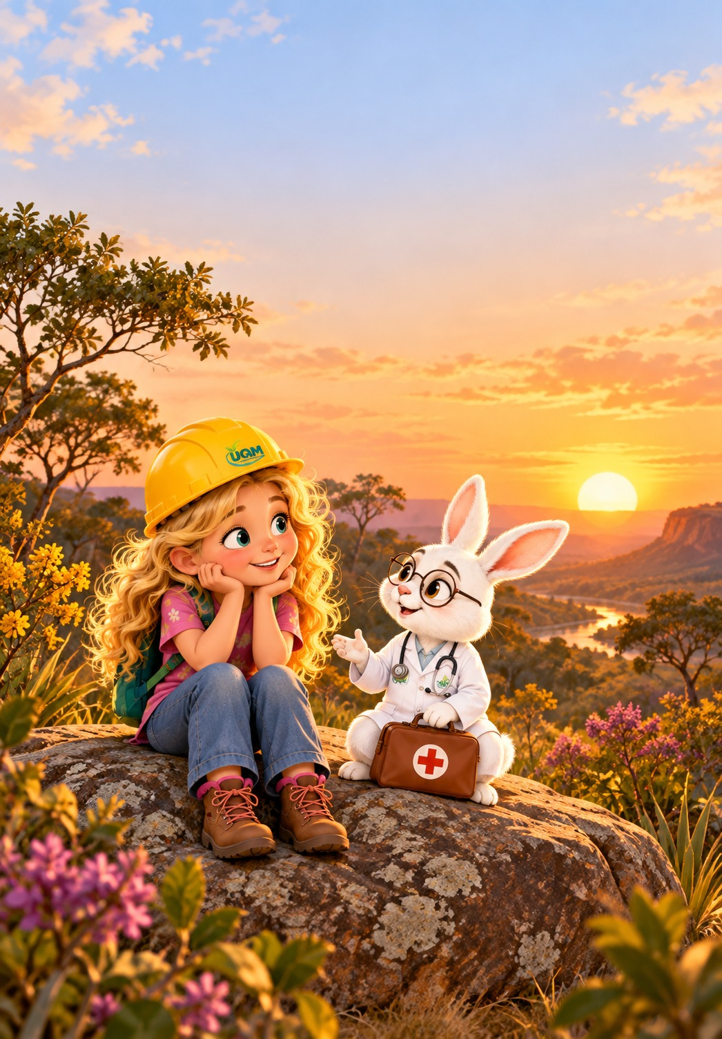 Vitória e o Dr. Coelho sentados em uma pedra na floresta ao entardecer