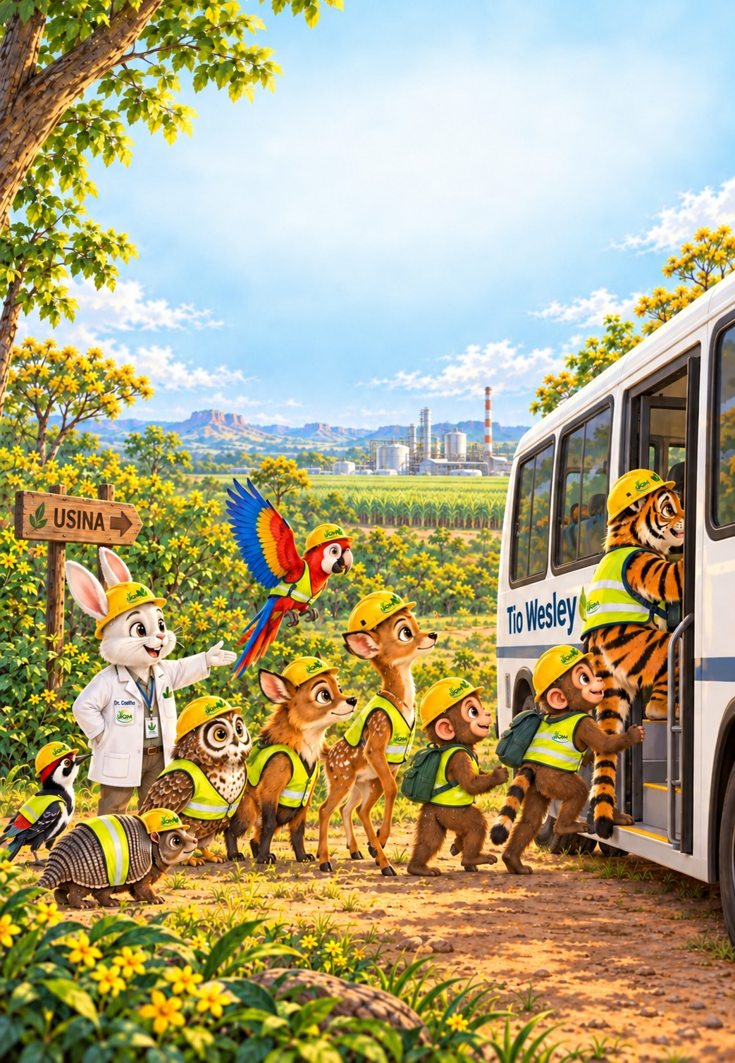 Os animais com capacetes amarelos e coletes entrando no ônibus do Tio Wesley