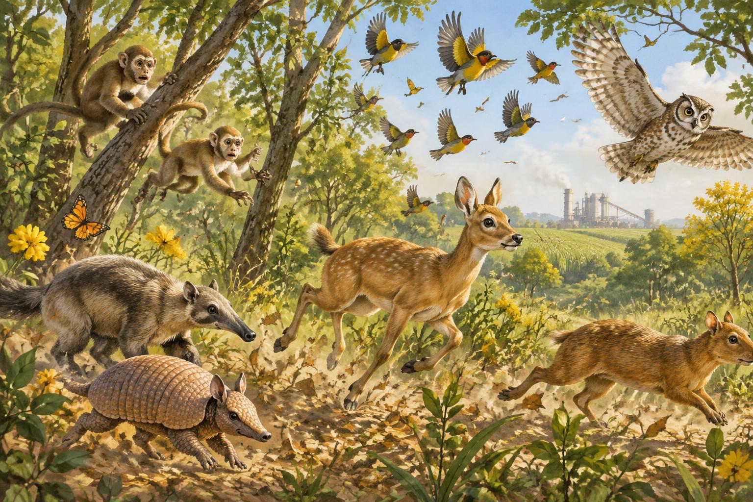 Animais da floresta correndo assustados, aves em revoada e a usina ao fundo