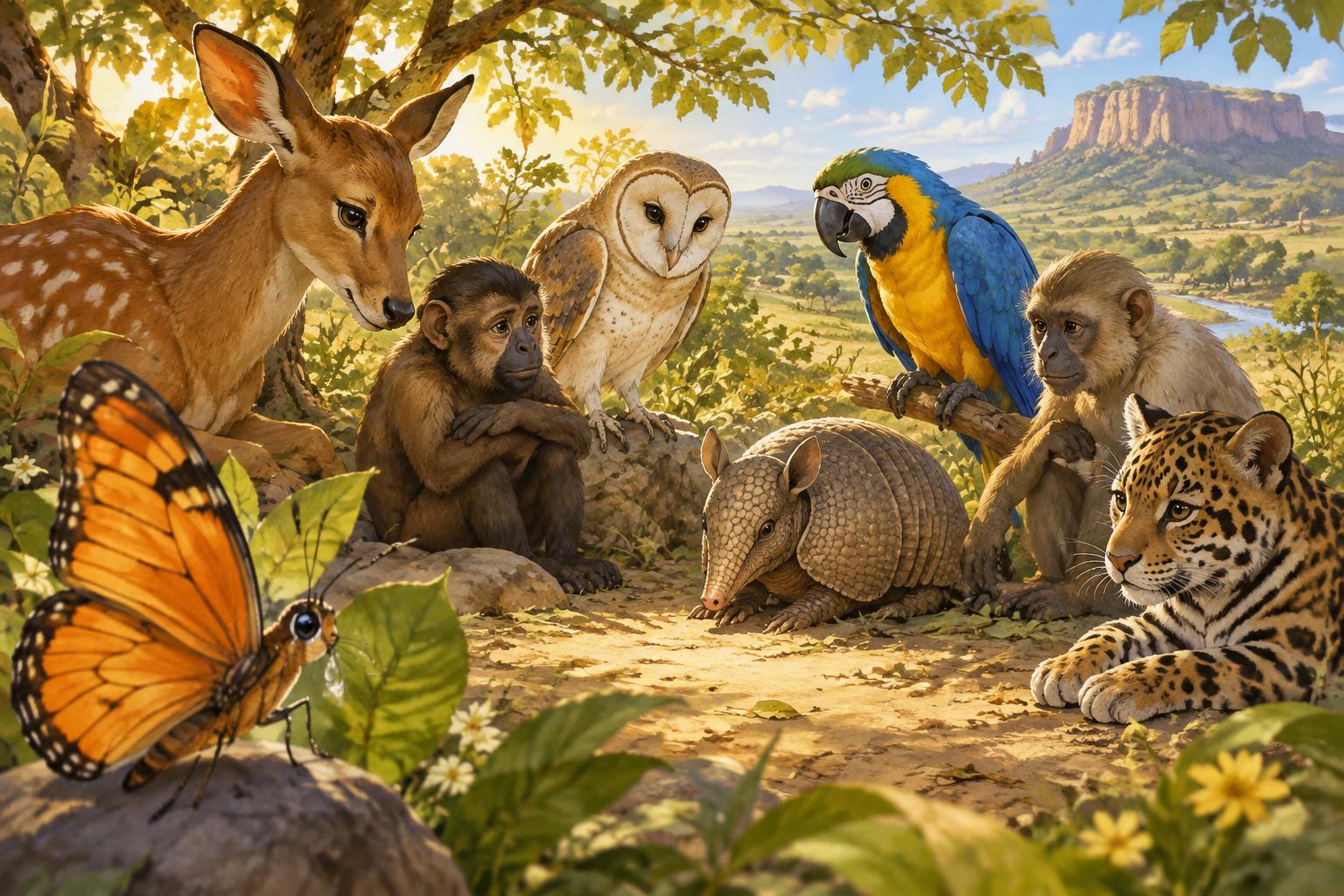 Cena contemplativa com os animais da floresta reunidos em roda